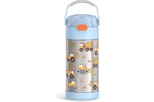 THERMOS FUNTAINER Water Bottle with Straw, 12oz, Construction | Kids Stainless Steel Insulated Water Bottle, Keeps Drinks Cold Longer for School & ...