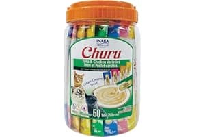 INABA Churu Cat Treats, Lickable, Squeezable Creamy Purée Cat Treat with Green Tea Extract & Taurine, 0.5 Ounces Each Tube, 50 Tubes, Tuna & Chicke...