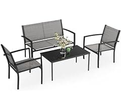 Greesum 4 Pieces Patio Furniture Set Outdoor Conversation Textilene Fabric Chairs for Lawn, Garden, Balcony, Poolside with A Glass Coffee Table, Gray