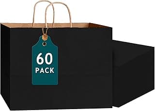 Bakepacker 60-Pack Wide Large Size Paper Bags With Handles Bulk 12.6"x4.3"x10" Black Party Kraft Shopping Bags