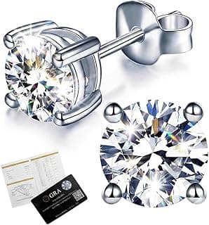 Moissanite Earrings for Women, D Color VVS1 Lab Created Round Cut Stud Earrings, 925 Sterling Silver with White Gold Plating, Hypoallergenic Push Back