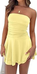 YBSKG Women Sexy Tube Top Silk Dress Strapless Ruched Waist Ruffle Tiered Layer Mini Dress Party Short Dresses