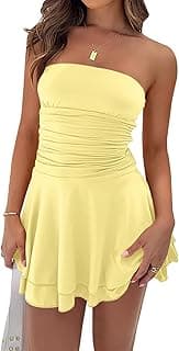 YBSKG Women Sexy Tube Top Silk Dress Strapless Ruched Waist Ruffle Tiered Layer Mini Dress Party Short Dresses