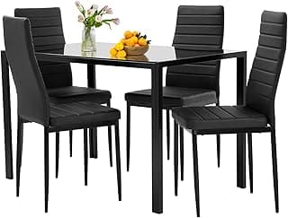 FDW | 5-Piece Dining Table Set | Black | Glass Kitchen Table with 4 Upholstered Chairs and Faux Leather Cushions | Space-Saving and Modern Design |...