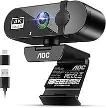 AOC 4k Webcam for PC with Microphone, Computer Camera with Noise Cancellation, Privacy Cover, 99° FOV, Plug & Play USB Webcam for Streaming, Confer...