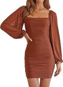 Women Elegant Square Neck Lantern Long Sleeve Mini Ruched Bodycon Dress Stretch Mesh Slim Party Cocktail Dresses