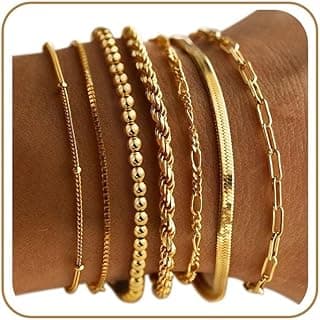 Mothers Day Gifts, 7PCS Gold Bracelets for Women - 14K Real Gold Plated Beaded Bracelets Set Rope Paperclip Chain Stackable Bracelet Non Tarnish, F...