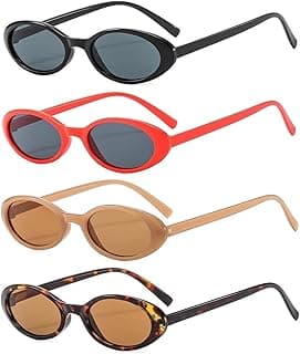 4 Piece Retro Oval Cat Eye Sunglasses for Women Y2k 90s Small Cateye Sun Glasses Trendy Narrow Shades