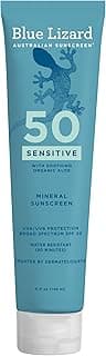 Blue Lizard Sensitive Mineral SPF 50 Sunscreen Lotion, 100% Mineral Sunscreen, UVA/UVB Protection, Infused with organic Aloe Vera, Soothes and Hydrates, 5 fl oz