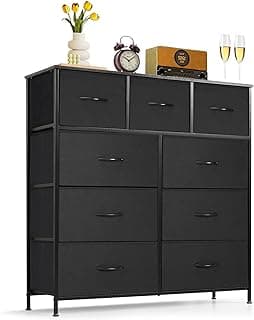 9-Drawer Dresser for Bedroom, Anti-Tip Tall Storage Organizer Chest of Drawers with Wooden Top and Metal Frame Fabric Bins for Closet, Living Room,...