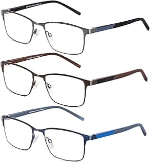 3 Pack Reading Glasses Men, Blue Light Blocking Reading Glasses 2.0, Anti Eyestrain/Glare/UV, Metal Frame Spring Hinge Computer Readers with Pouche...