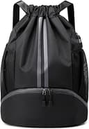 JELUTAR Drawstring Backpack Gym Bag with Shoes Compartment, Black | Water-Resistant String Backpack for Soccer, Basketball, Swim, Beach Cinch for W...