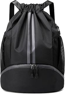 JELUTAR Drawstring Backpack Gym Bag with Shoes Compartment, Black | Water-Resistant String Backpack for Soccer, Basketball, Swim, Beach Cinch for W...