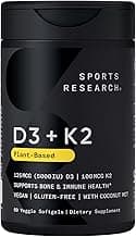 Sports Research® Vitamin D3 + K2 w/ Coconut Oil - Vegan Vitamin D 5000iu & Mk7 Vitamin K 100mcg for Bone & Immune Support - Vegan Certified · Non-G...