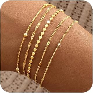 Gold Bracelets for Women, 14K Gold Plated Stackable Bracelet Stack Set Adjustable Charm Paperclip Chain Snake Link Layered Waterproof Jewelry Sets ...