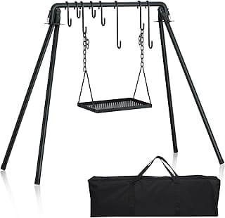 RELIANCER Grill Swing,Campfire Grill Cooking Stand w/8 Hooks & Storage Bag,Cast Iron BBQ Party Swing Grilling Cooking Rack,Outdoor Picnic Camping C...