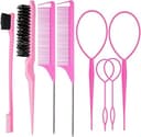 8Pcs Hair Brushes Set with 4Pcs Topsy Hair Tail Tools 1Pcs Bristle Teasing Hair Brush 1Pcs Edge Control Brush 2Pcs Metal Pin Rat Tail Combs for Woman Girl hair Styling,Edge&Back Brushing,Pink