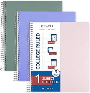 ONAVIA Spiral Notebook 1 Subject, 3 Pack, College Ruled, 9 x 11 in, 100 Sheets, 3-Hole Punched Waterproof Cover with Divider and Double-Sided Pocke...