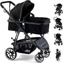 Baby Stroller, 2-in-1 Reversible Toddler Seat with Lie-Flat Mode, Foldable Infant Stroller with Canopy, One Button Brake, Adjustable Handle, Newbor...