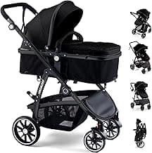 Baby Stroller, 2-in-1 Reversible Toddler Seat with Lie-Flat Mode, Foldable Infant Stroller with Canopy, One Button Brake, Adjustable Handle, Newbor...