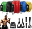 WHATAFIT Resistance Bands with Handles, 5-Level Exercise Bands for Workout | Natural latex,10-50 lbs, stackable to 150,Ankle Straps, Door Anchor,Gu...
