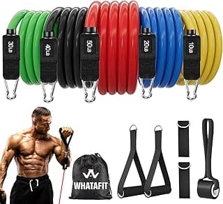 WHATAFIT Resistance Bands with Handles, 5-Level Exercise Bands for Workout | Natural latex,10-50 lbs, stackable to 150,Ankle Straps, Door Anchor,Gu...