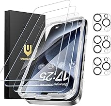 UNBREAKcable iPhone 15 Pro Screen Protector 3-Pack, Upgraded Dual-Tempered Glass + 3 Camera Lens Protectors, Military-Grade 9H Hardness, HD Clarity...