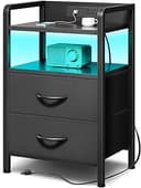 Lazzanto Nightstand with Rear Charging Station, LED Light, 2 Drawers, Black | Industrial Nightstand, 2 USB-A Ports & AC Outlets, Raised Back Guard,...