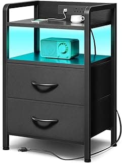 Lazzanto Nightstand with Rear Charging Station, LED Light, 2 Drawers, Black | Industrial Nightstand, 2 USB-A Ports & AC Outlets, Raised Back Guard,...