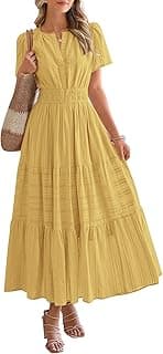 Womens Summer 2026 Casual Midi Maxi Dresses Lightweight Short Sleeve V Neck Elastic Waist Boho Beach Dress Pockets