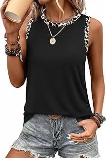 Tank Tops for Women Round Neck Boho Color Block Sleeveless Tops Summer Beach Vacation Clothes Curved Hem