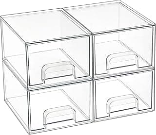 Vtopmart 4 Pack Small Clear Stackable Storage Drawers,Acrylic Bathroom Makeup Organizer,Plastic Storage Bins For Vanity, Undersink, Kitchen Cabinet...