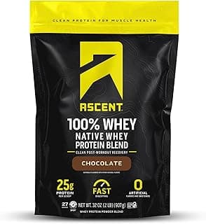 Ascent 100% Whey Protein Powder - Post Workout Whey Protein Isolate, Zero Artificial Flavors & Sweeteners, Gluten Free, 5.5g BCAA, 2.6g Leucine, Es...