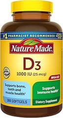 Nature Made Vitamin D3 1000 IU (25 mcg), Vitamin D Supplement for Bone, Teeth, Muscle and Immune Health Support, 300 Softgels, 300 Day Supply