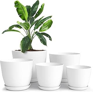 Utopia Home Plant Pots Indoor with Drainage Holes – Set of 5 White Plastic Flower Pots (7/6.6/6/5.3/4.8 Inch) – Modern Planters for Indoor Plants, ...