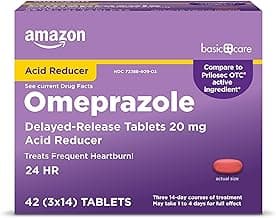 Amazon Basic Care Omeprazole Delayed Release Tablets 20 mg, Acid Reducer, treats frequent heartburn,, Cream, Regular, 42 Count (Pack of 1), 42 Count,