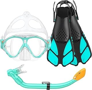 Kids Snorkel Set, Mask Fins Snorkeling Gear for Kids Anti-Fog Swim Goggles 180 Panoramic View Dry Top Snorkel and Dive Flippers Combo with Travel B...