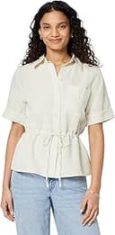 Women's Relaxed-Fit Linen Blend Wide Sleeve Shirt with Adjustable Waist Black