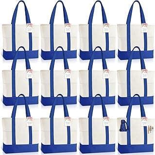 12 Pcs Canvas Tote Bags Bulk with 2 Outer Pockets, Ribbon, Cards 18.5" Reusable Shopping Grocery Bags Blank Sublimation Tote Appreciation Gift for ...