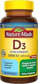Nature Made Vitamin D3 5000 IU (125 mcg) Softgels, Extra Strength Vitamin D Supplement for Bone and Immune Health Support, 180 Count, 180 Day Supply