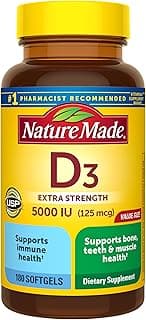 Nature Made Vitamin D3 5000 IU (125 mcg) Softgels, Extra Strength Vitamin D Supplement for Bone and Immune Health Support, 180 Count, 180 Day Supply