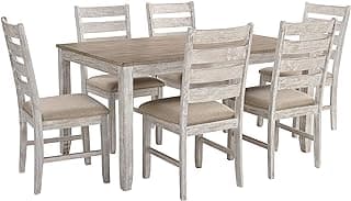 Signature Design by Ashley Skempton Cottage Dining 7 Piece Set – Rectangular Table & 6 Upholstered Chairs | Coastal Chic Meets Farmhouse, Whitewash