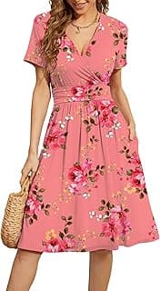WEACZZY Women's Summer Short Sleeve Casual Dresses V-Neck Floral Party Dress with Pockets