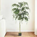 6FT Ficus Tree Artificial Indoor Tall Faux Wisteria Tree in Nursery Pot Fake Potted Tree with Blooming White Flowers and Real Wood Trunk for Home O...