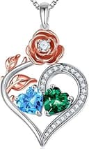 Rose Heart Birthstone Necklaces for Women - 925 Sterling Silver Double Birthstone Necklace, Anniversary Birthday Gifts for Women, Jewelry Gifts for...