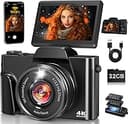 4K Digital Camera for Photography with WiFi,64MP Autofocus 3'' 180° Flip Screen 16X Zoom Vlogging Camera for YouTube, Compact Travel Camera for Beginners, Anti-Shake, 32GB Card, 2 Batteries, Black