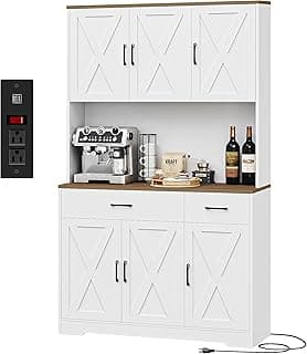 HOSTACK 71" Pantry Cabinet with Charging Station, Tall Kitchen Pantry Storage Cabinet with Microwave Stand, Farmhouse Kitchen Hutch with Storage Dr...