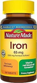 Nature Made Iron 65 mg (325 mg Ferrous Sulfate) Tablets, Iron Supplements, Dietary Supplement for Red Blood Cell Support, 180 Tablets, 180 Day Supply