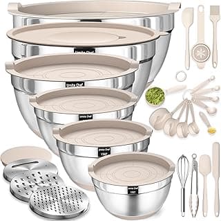 Mixing Bowls with Airtight Lids Set, 26PCS Stainless Steel Khaki Bowls with Grater Attachments, Non-Slip Bottoms & Kitchen Gadgets Set, Size 7, 4, ...