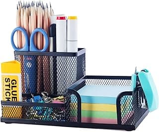 M&G Mesh Pen Holder Desk Organizers Pencil Holder for Desk Black, 3 Compartments Metal Office Supply Organizer with Sticky Notes Holder for School ...